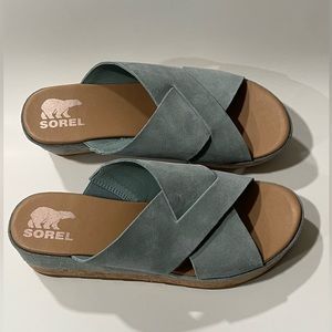 Sorel Cameron Flatfirm Suede Mule Sandal In Light Blue Size 10